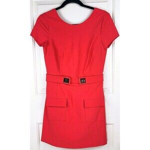 Elisabetta Franchi Red Mini Dress Gold Logo Belt Deep Scoop Back AB8673284 Sz 42